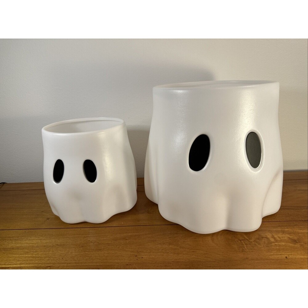 Set Of 2  Ghost Planter Pot Bucket Halloween Blow Mold NEW 8.25 & 11.25"
